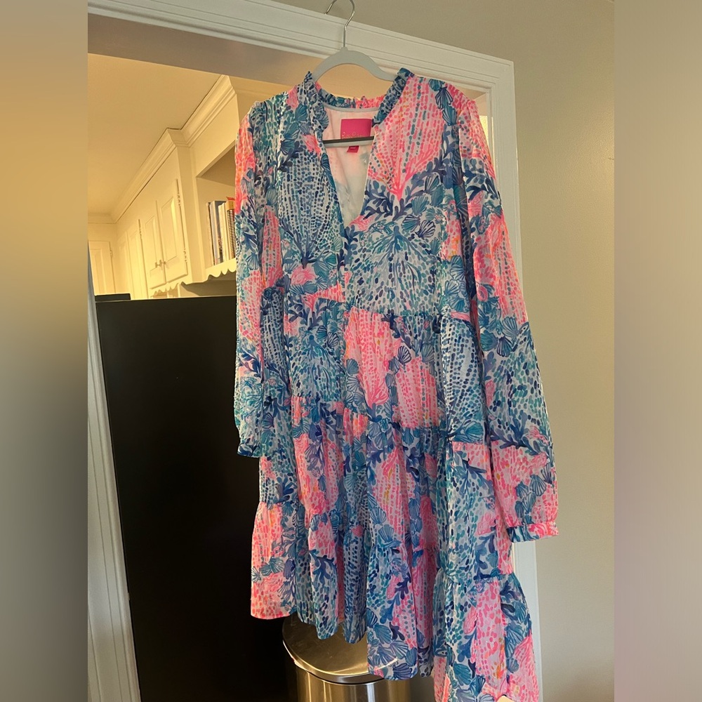 Lilly Pulitzer Pink and Blue Floral Tiered Long-Sleeve Dress